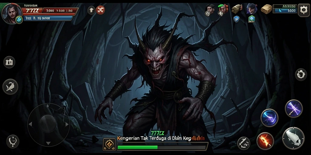 Tampilan gameplay mencekam dari 777ZX di dunia kegelapan.