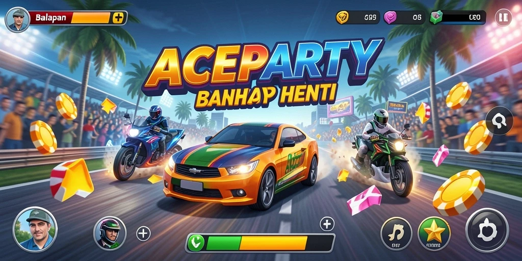 Tangkapan layar utama ACEPARTY menampilkan aksi balapan yang mendebarkan.