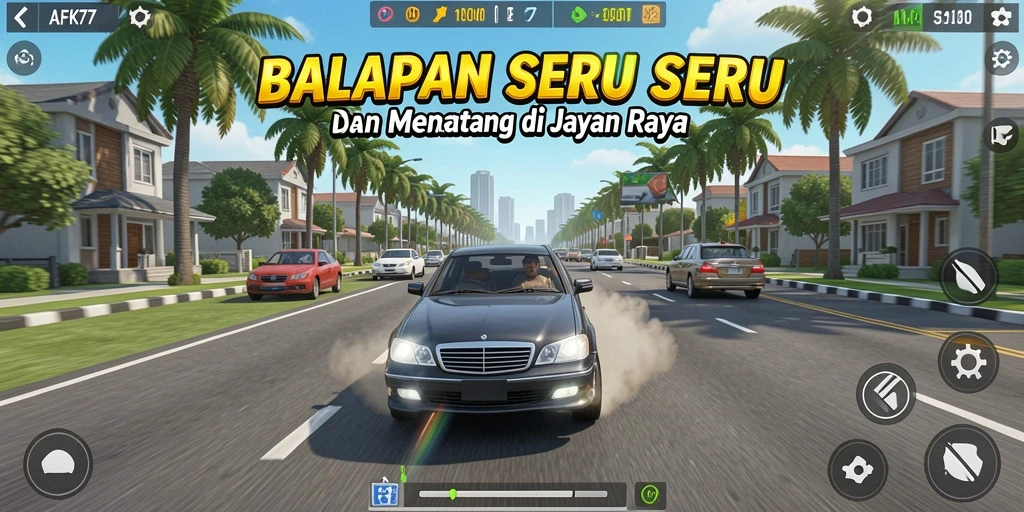 Screenshot menampilkan aksi balapan mendebarkan di AFK77.