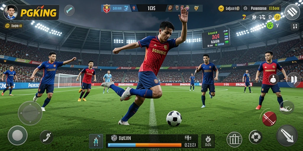 Tampilan gameplay PGKING yang mendebarkan di lapangan sepak bola.